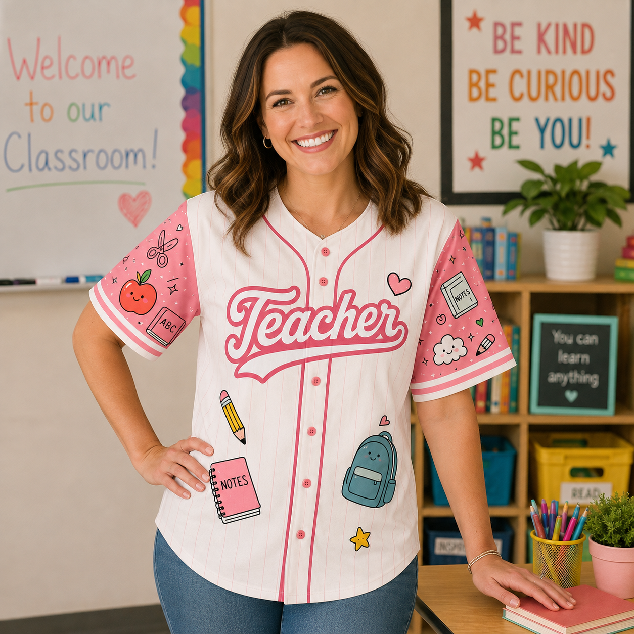 Teacher Halloween Trick or Teach Baseball Jersey, Cute Pink Boo Ghost Jersey