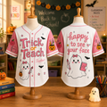 Teacher Halloween Trick or Teach Baseball Jersey, Cute Pink Boo Ghost Jersey
