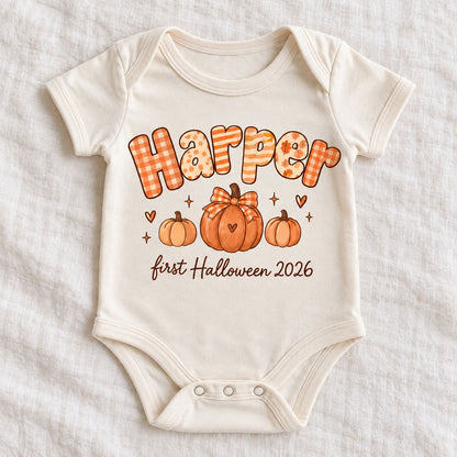 Custom Name Baby First Halloween Pumpkin Bow Bodysuit