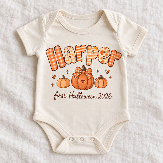 Custom Name Baby First Halloween Pumpkin Bow Bodysuit