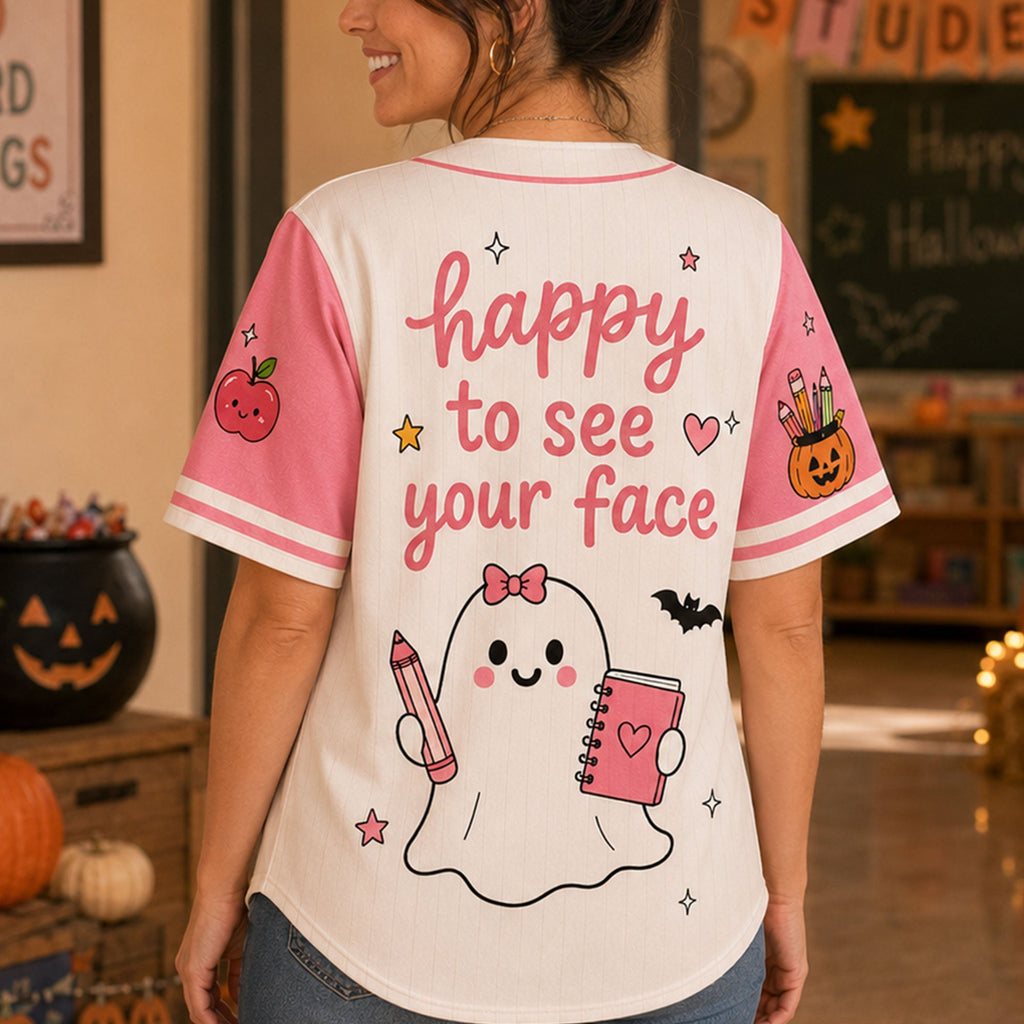 Teacher Halloween Trick or Teach Baseball Jersey, Cute Pink Boo Ghost Jersey